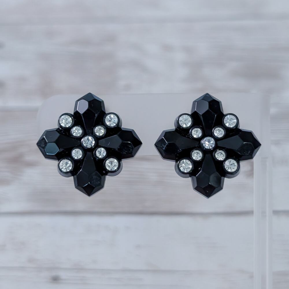 Vintage Clip On Earrings Black with Clear Gems 1" - Statement